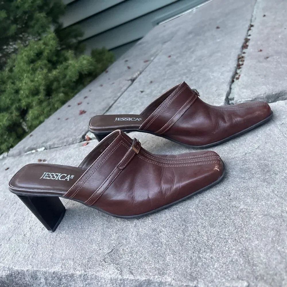 Women’s Vintage Jessica Brown Leather Backless Heels Size 7